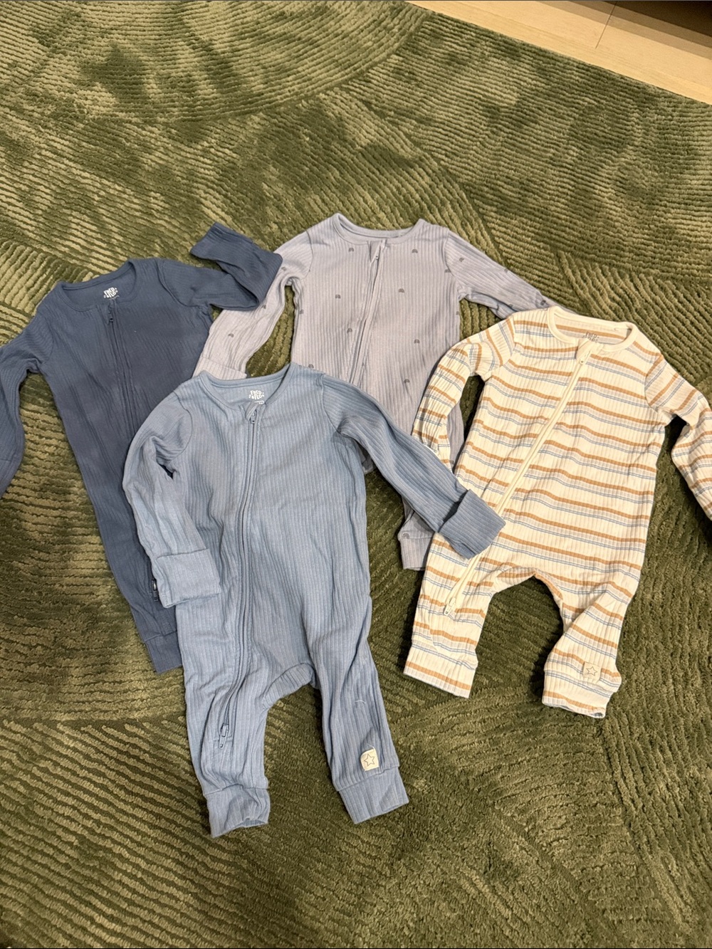 Fred & Flo Baby Ribbed Zipper One-Piece Sleepers - Blue, Navy & Cream Stripe